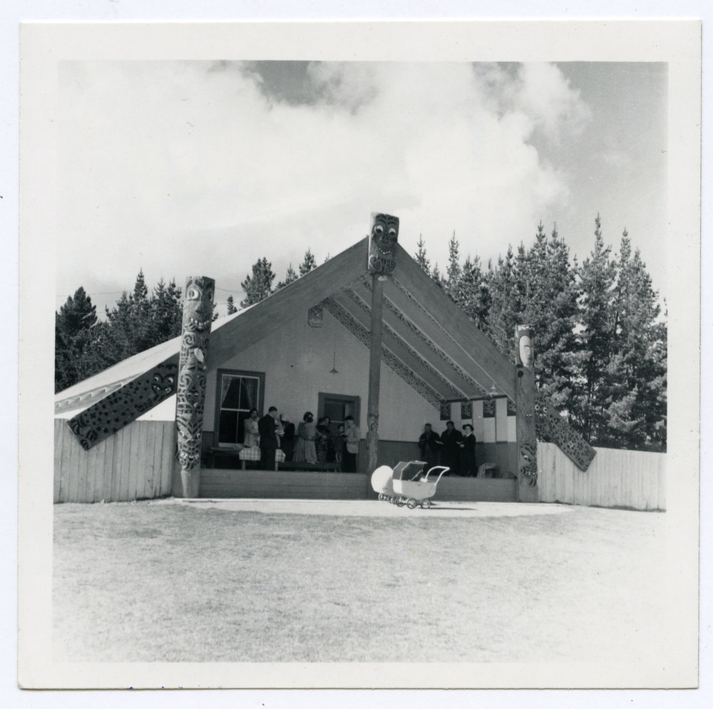 Group of people outside Waiohau meeting house