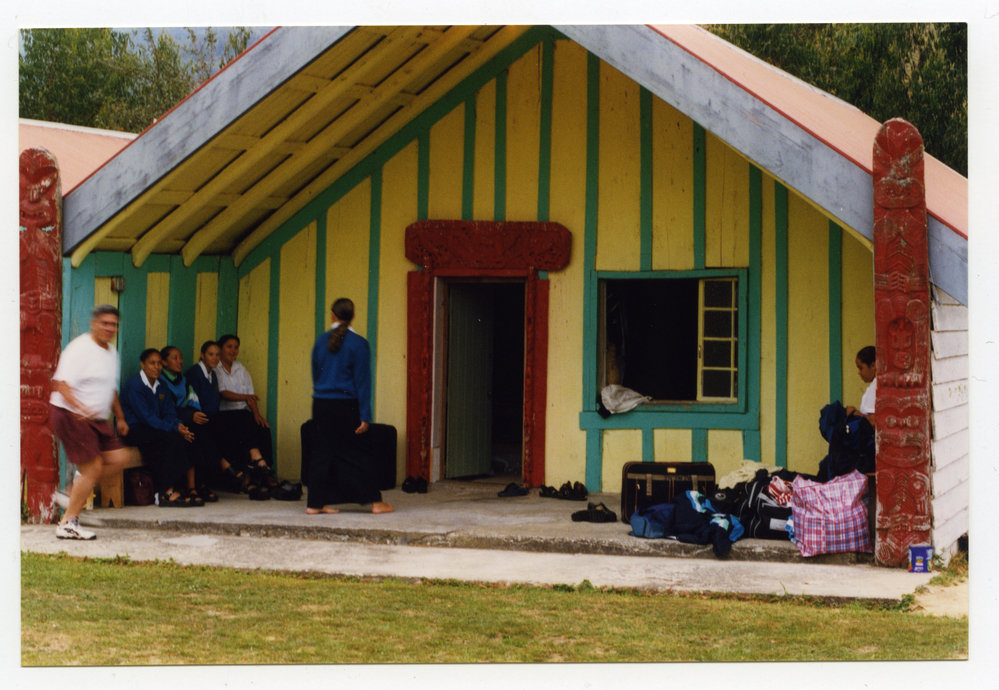 Turakina pupils in the porch of Tātāhoata Marae, Ruatāhuna, in the Bay of Plenty