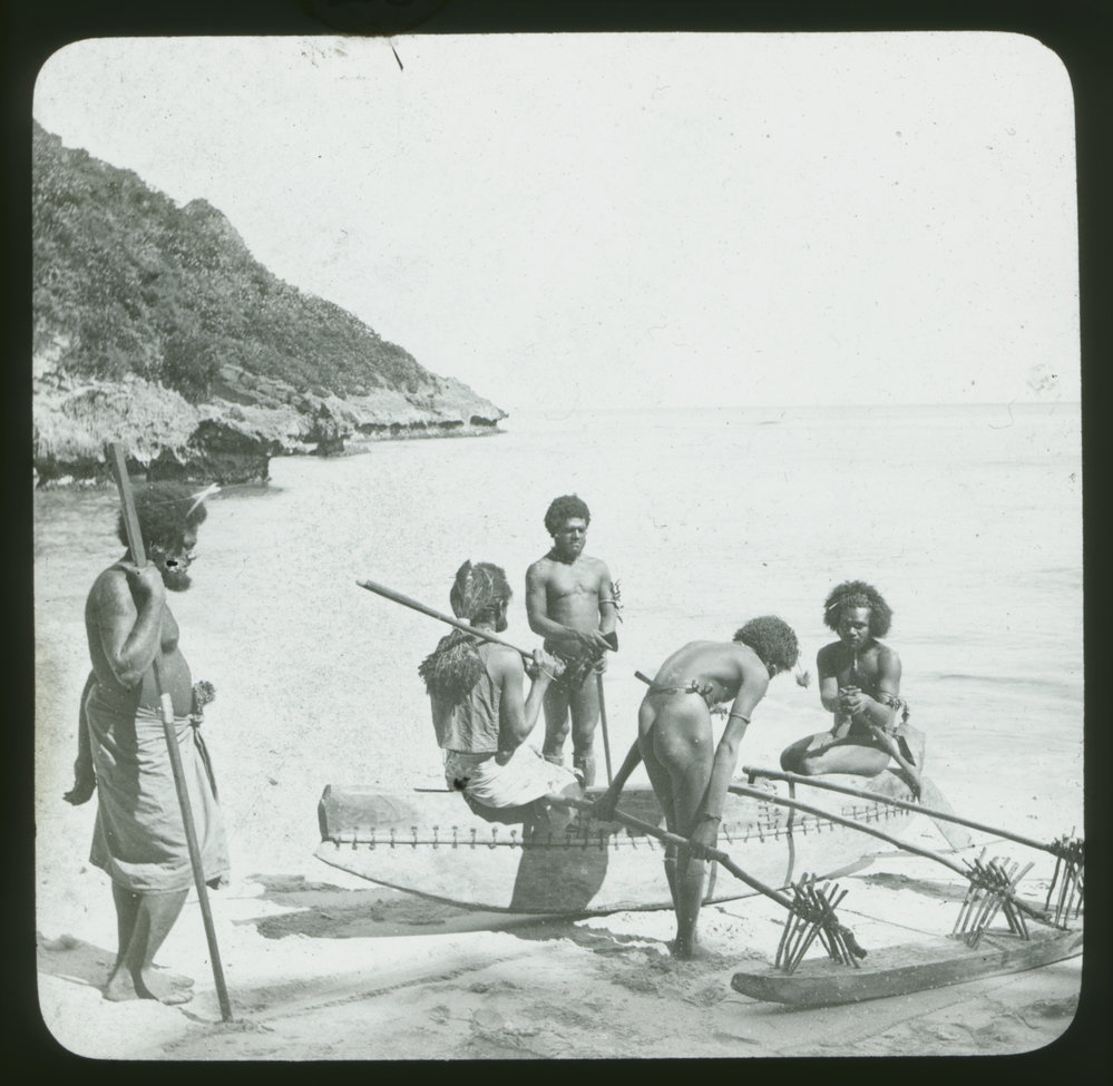 Group with outrigger canoe | Presbyterian Research Centre