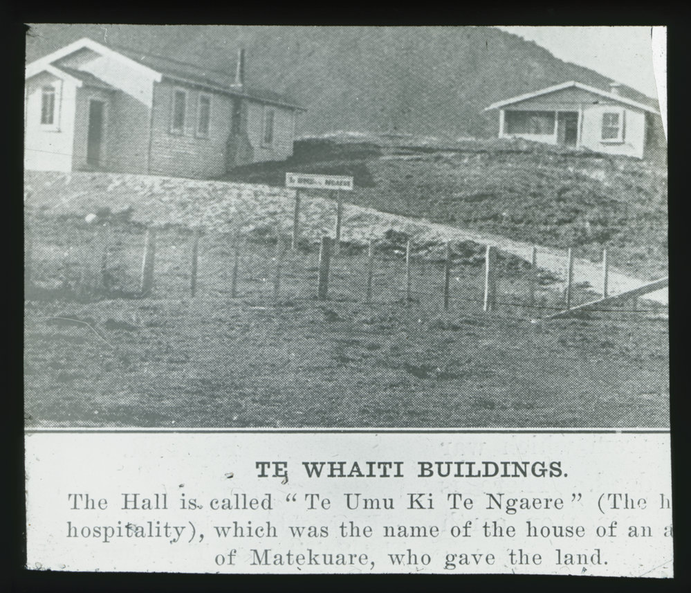 Te Whaiti buildings	Copy of view of the Te Whaiti Church hall (Te Umu Ki Te Ngaere) and Mission hall.Duplicates: P-A36.33-152Publication: 'On Continent &amp; Island', April 1933, p. 2.	Magic Lantern Slide	82mm x 82mm		c 1933	Te Aka Puaho	Buildings - Exterior	