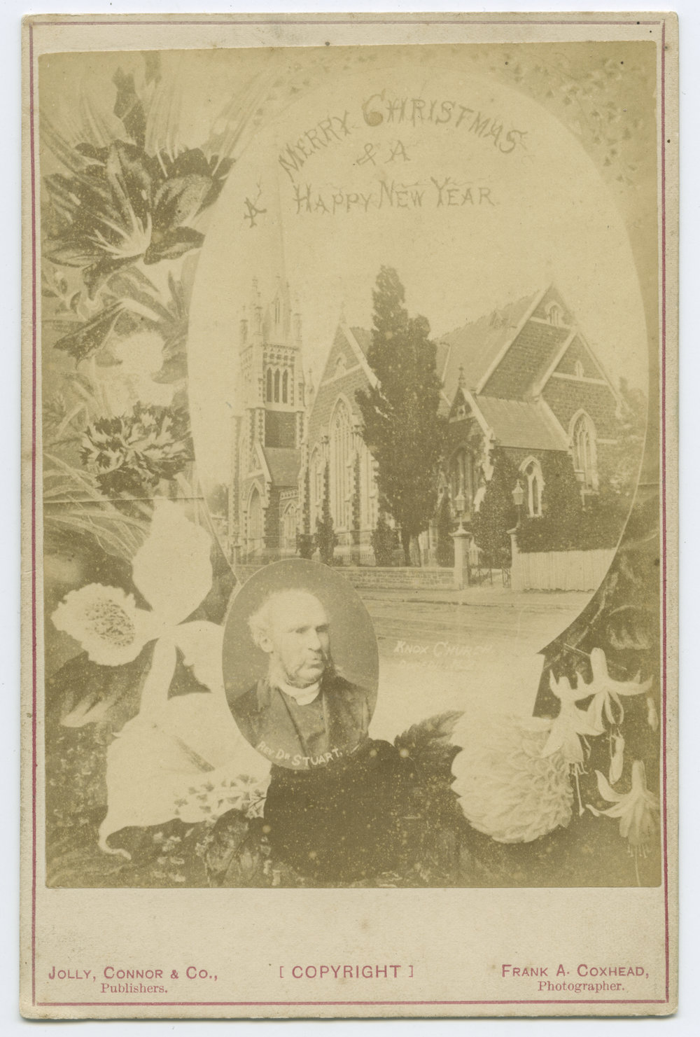 Christmas postcard featuring Knox Church, Dunedin.