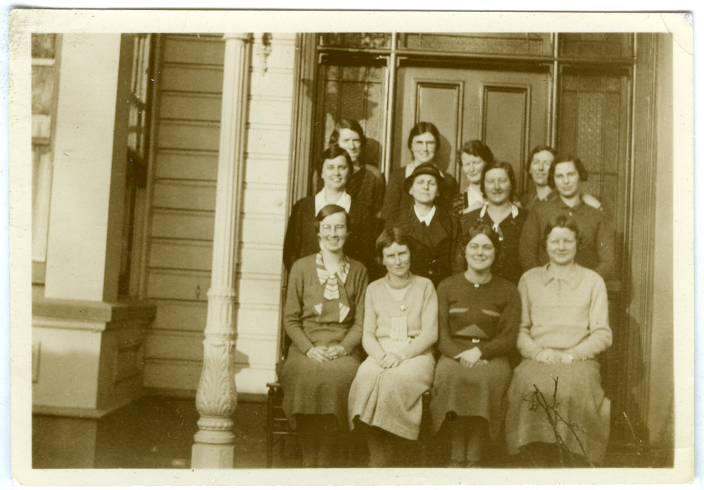 Deaconess on the front step of the Presbyterian Women's Training Institute, 1934 