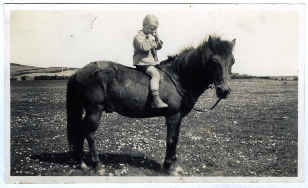 Unidentified young boy rides a horse