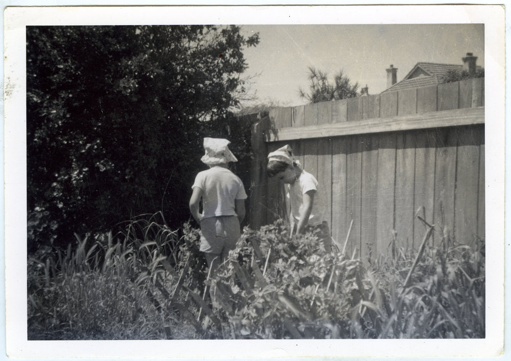 Two children are playing in a garden