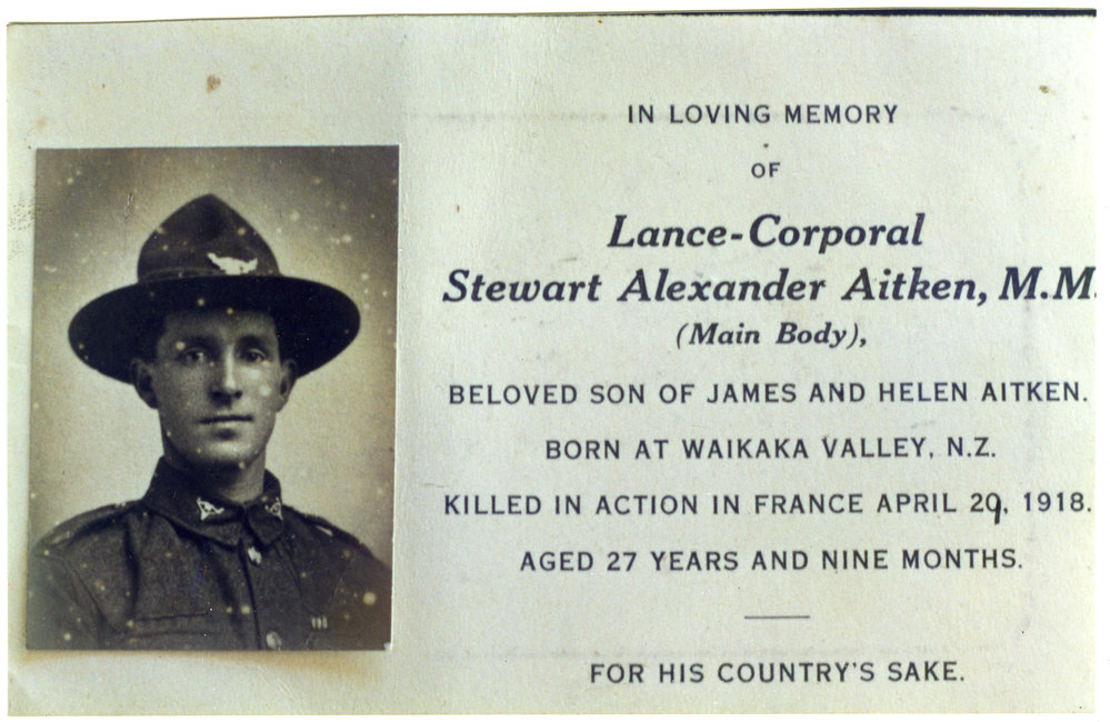 In memorial of Lance-Corporal Stewart Alexander Aitken, 1918