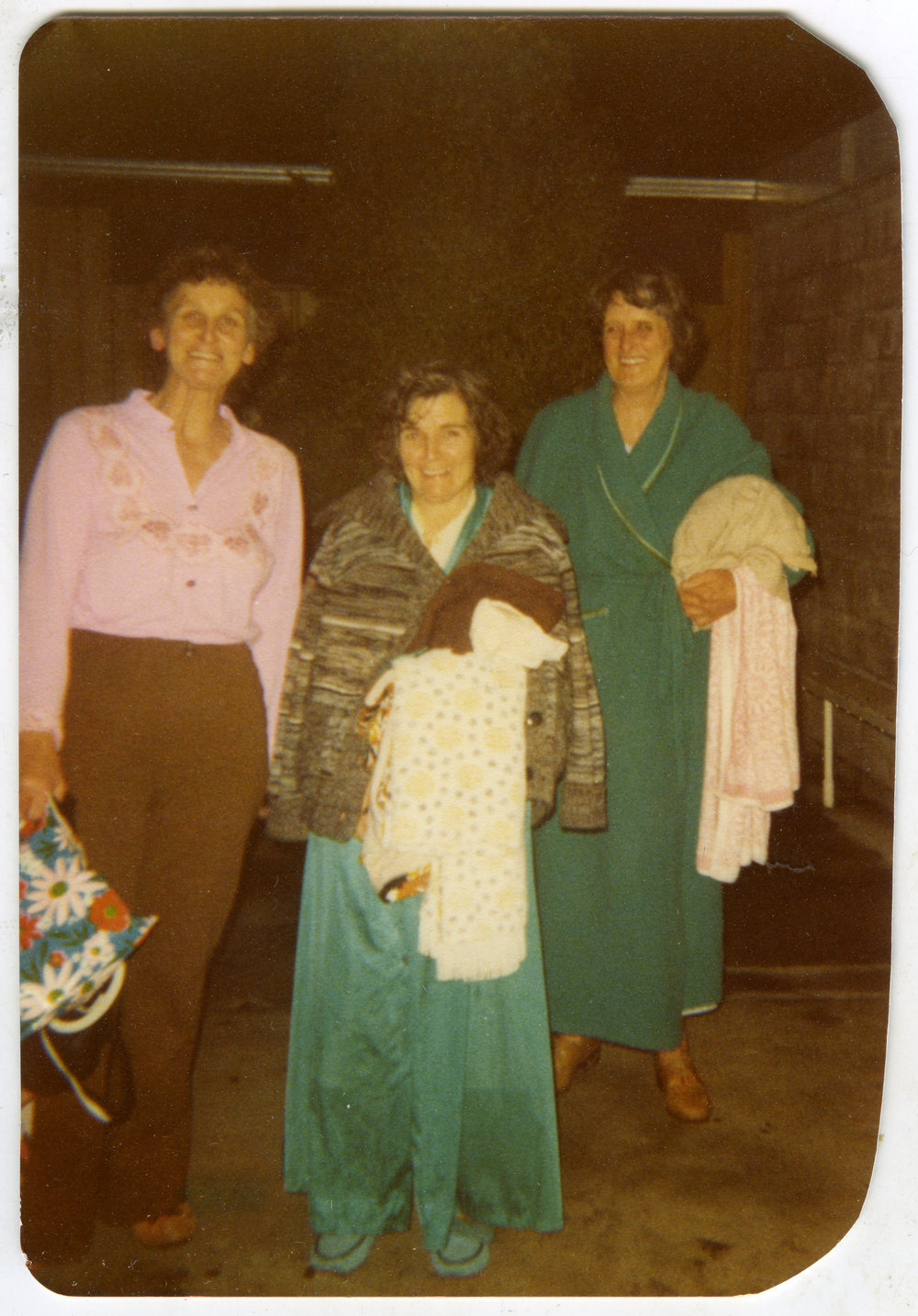 Iris Stockwell (nee Cossill), Joan Loughlin, Pauline Williamson, Totara Springs camp, 1980