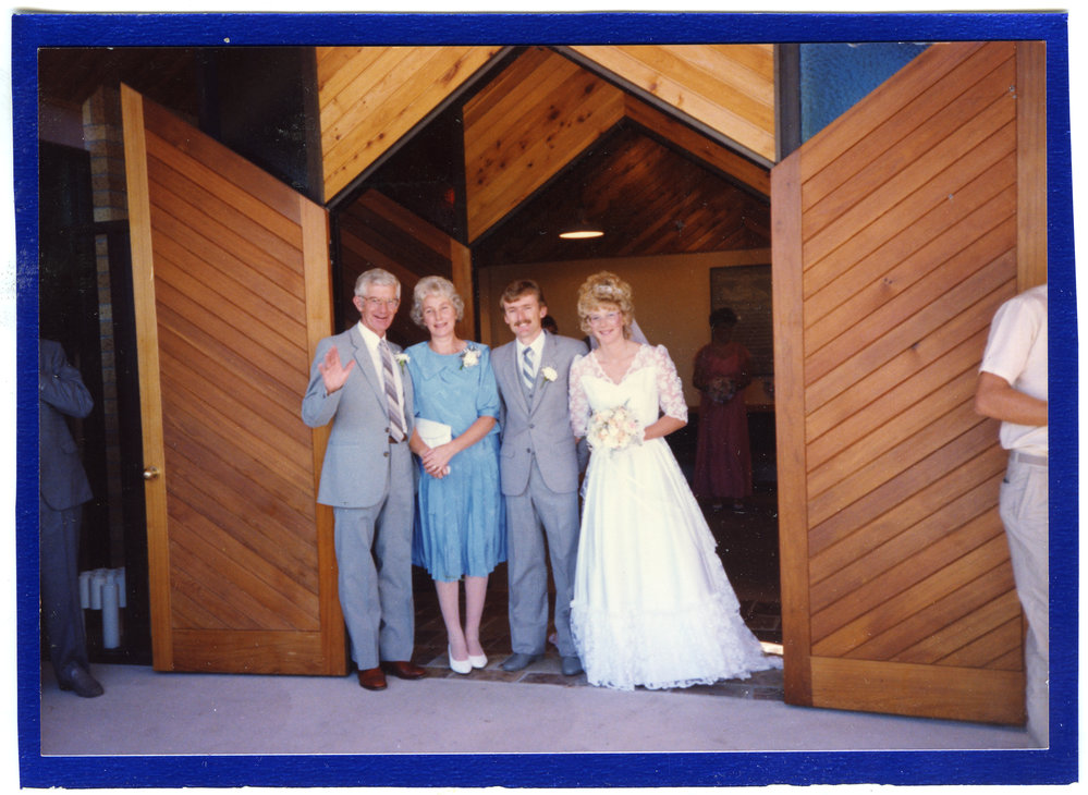 Neville and Rosemary Harris at the wedding of Roslyn Harris and Neil Foster, 1988