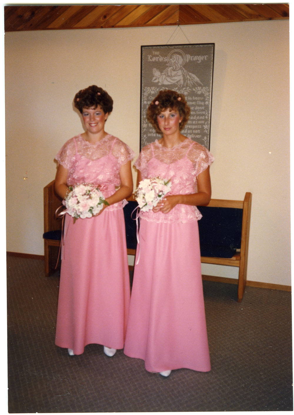 Unidentified woman and Alison Harris as bridesmaids for the wedding of Neil and Roslyn Foster (nee Harris), 1988