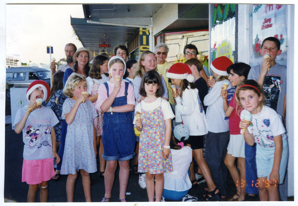 Sunday School Christmas carolers enjoying an ice-cream, 1997