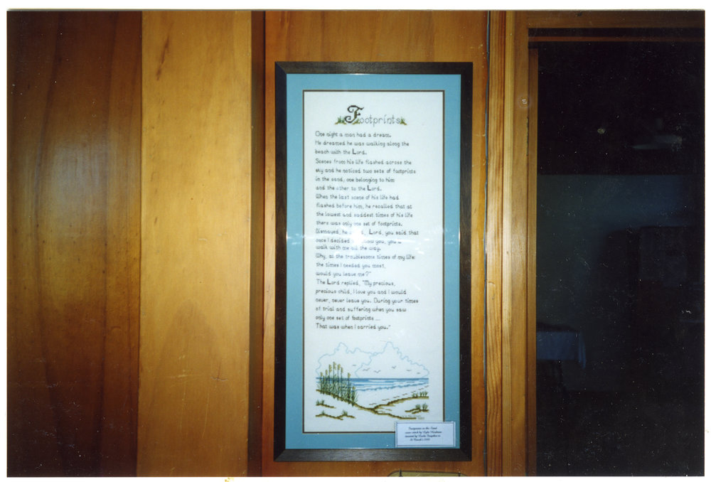 "Footsteps in the Sand," cross-stitch, St. Enoch's Church