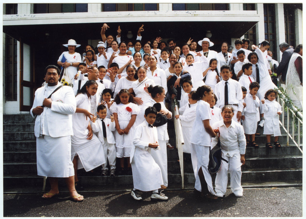 Group portrait of Glen Eden Pacific Islanders Church congregation, White Sunday service, 2002