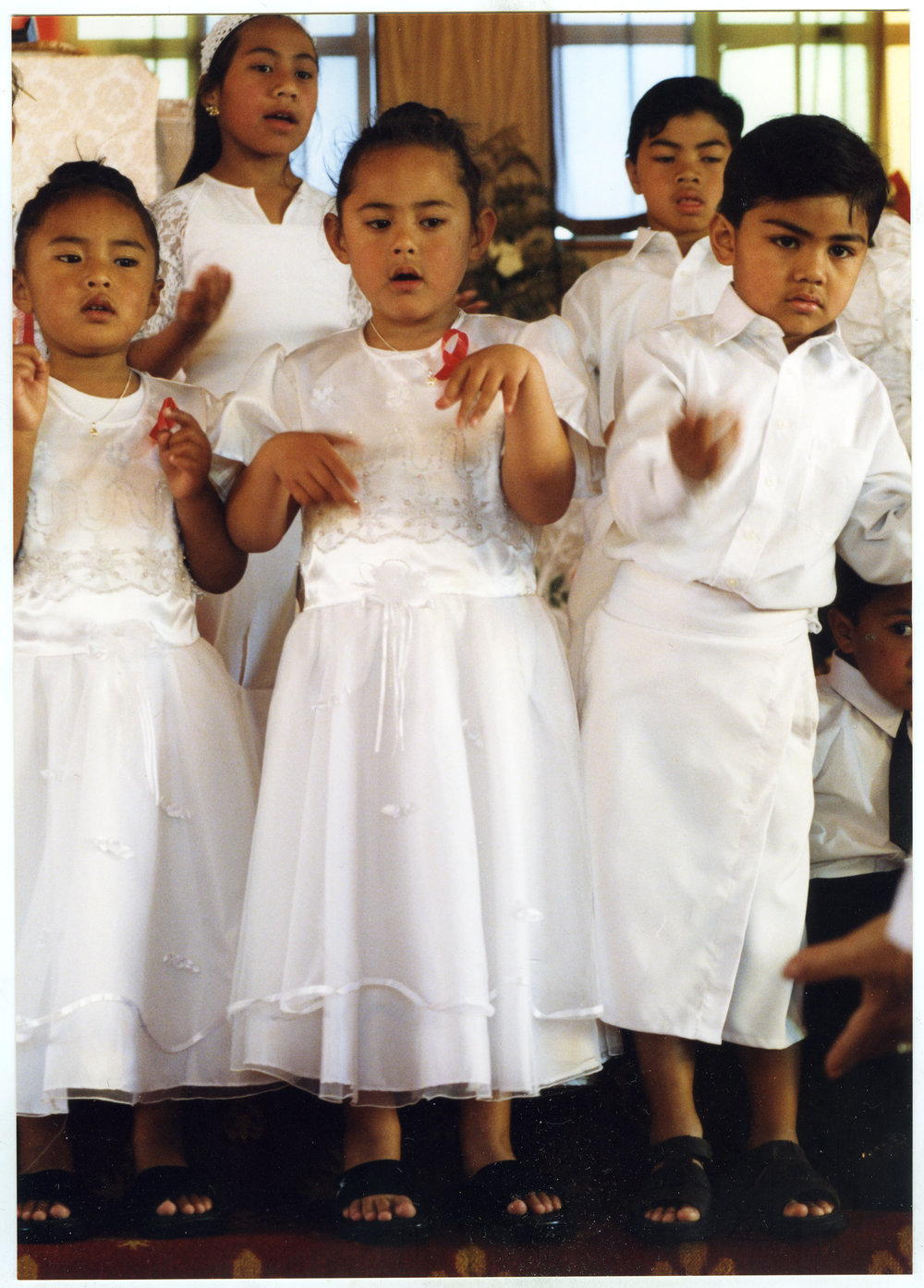 Five young children perform at Glen Eden Pacific Islanders Church during White Sunday service, 2002