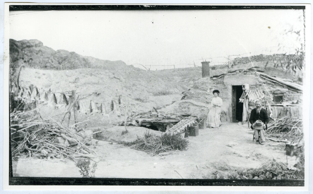 Unidentified European woman sits outside a stone hut, next to an Otago Chinese Rabbiter