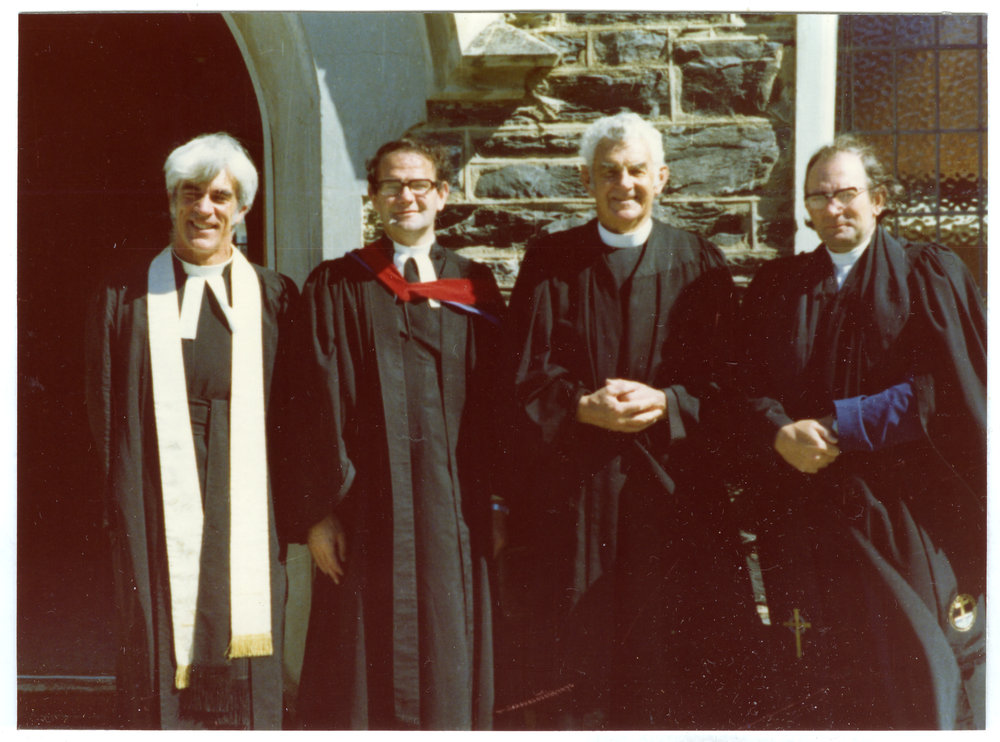 Four Cromwell ministers stand outside St. John's Church, Cromwell