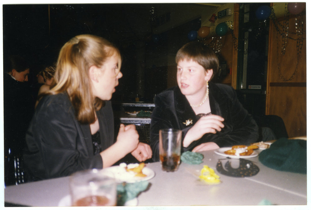 "Jenna and Shelly feeding their faces," Cromwell Youth Group, Masquerade Ball, 1996