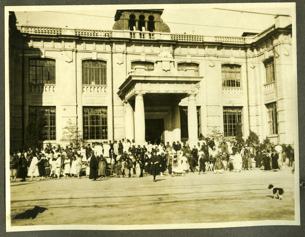 The Bank of Korea surrounded by unidentified individuals, Seoul,  1916