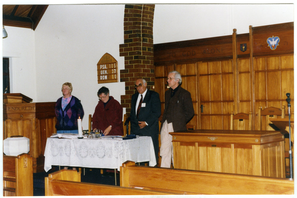 M. Stanton, L. McKay, T. Campbell and L. Pierce addressing the Presbytery, North Avon, Christchurch, 1999