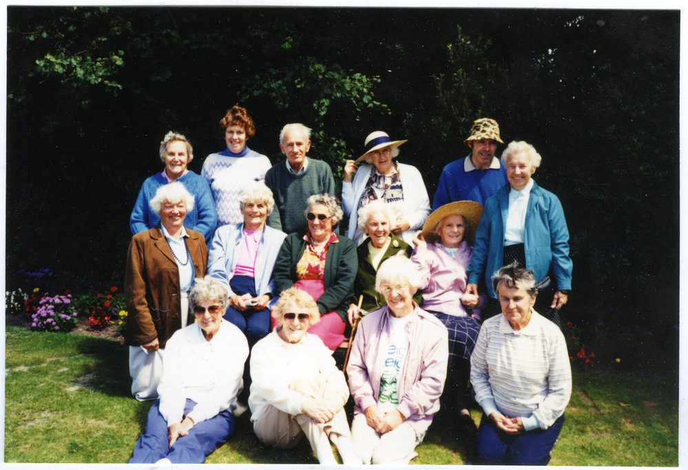 Group photograph of the St. Columba walking group, St. James Park, Papanui, 1994