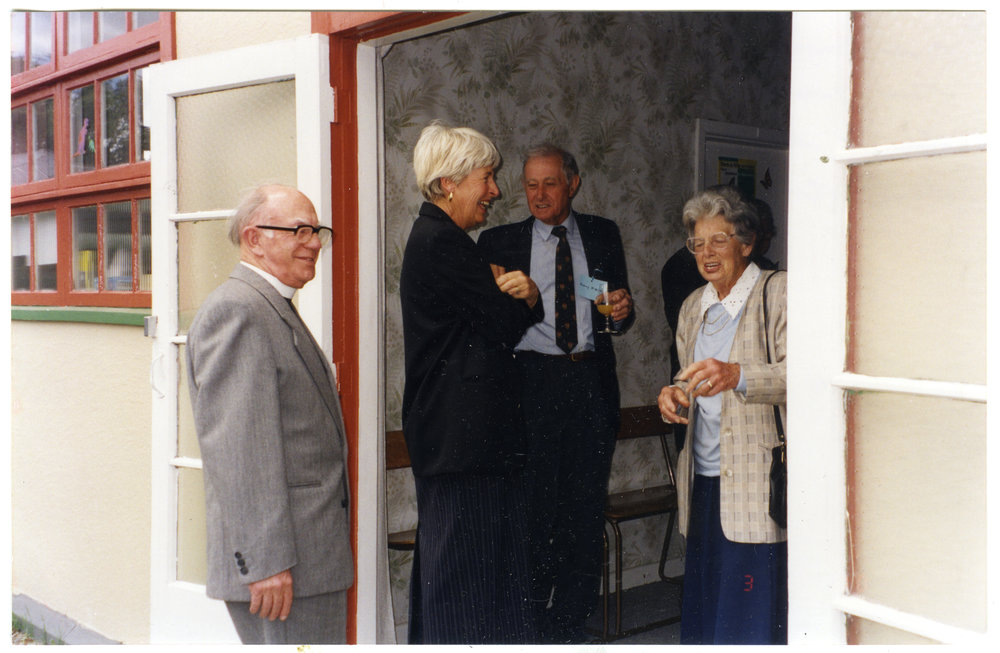 Bob Cooke, Anne Delaney, Rob McMecking, Alison Roberson talking at the door of St. Columba, Christchurch