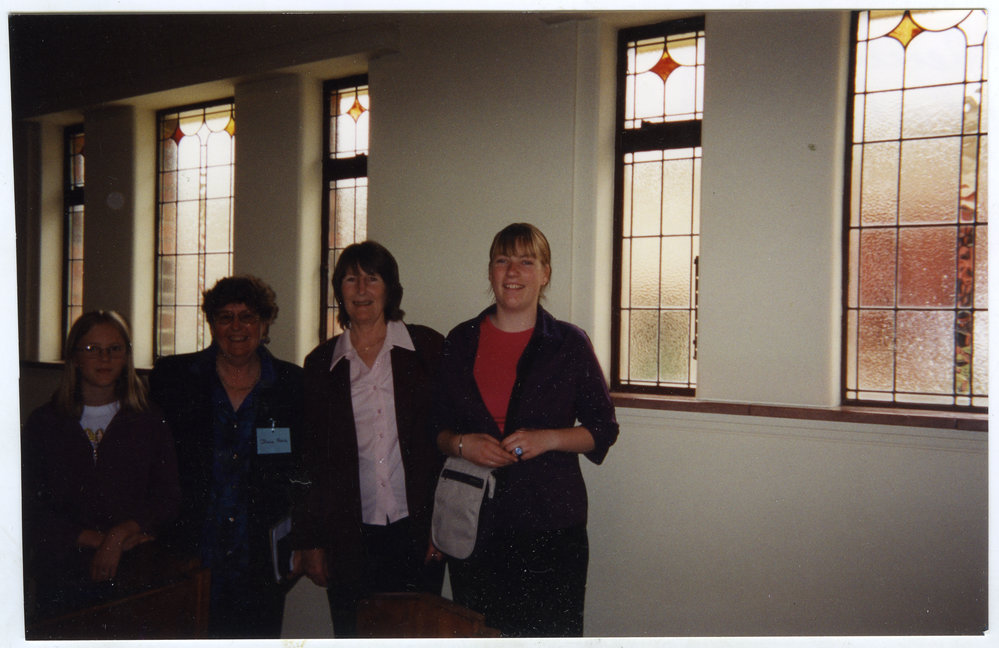 Penelope Fiebig, Gloria Fiebig, Esther Cook and unidentified woman, St. Columba, Christchurch