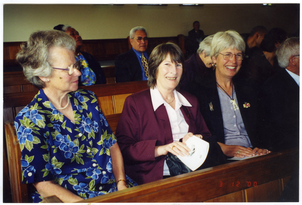 Margaret Ufton, Gloria Fiebig and Anne Delaney seated in a pew, St. Columba, Christchurch