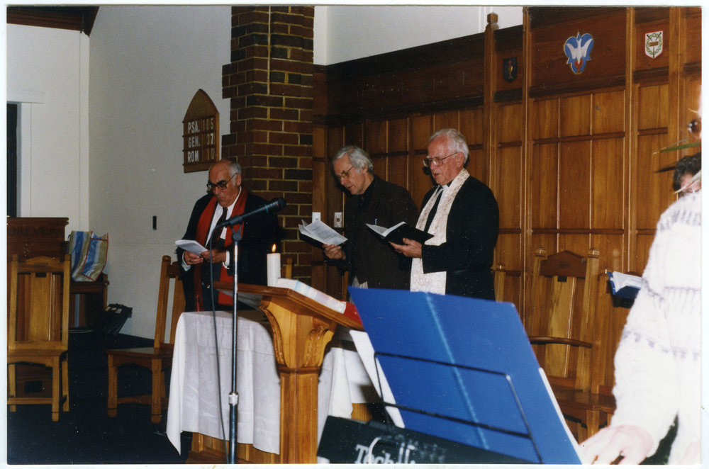 Tom Campbell, Jan McBride, Len Pierce addressing St. Columba, Christchurch