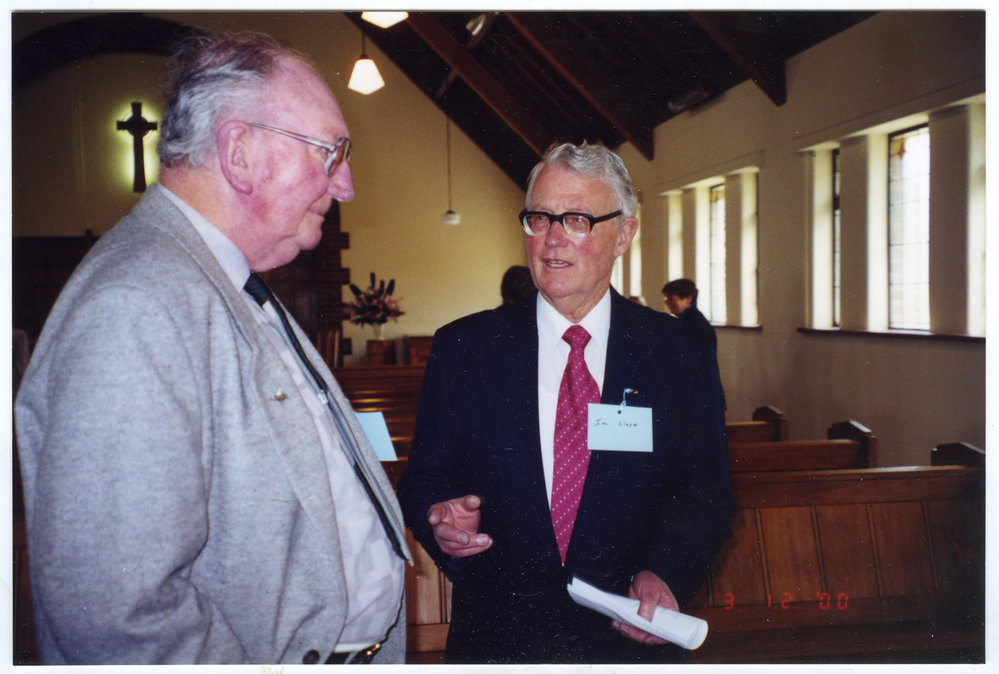 Ian Ferguson and Ian Lloyd converse with each other, St. Columba, Christchurch 