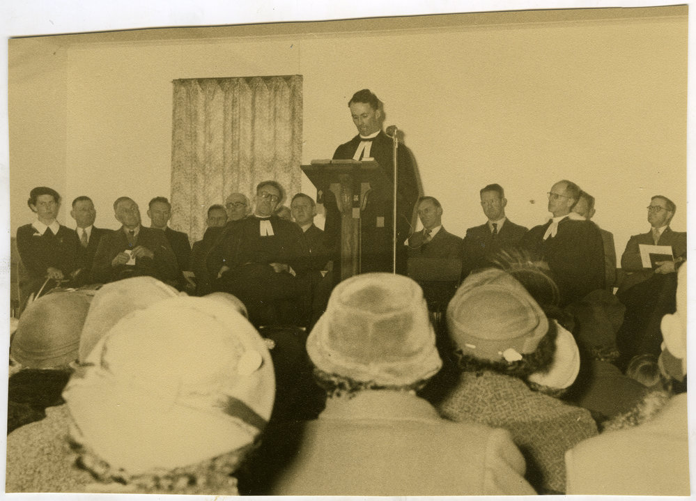 A. Baxter delivers a speech at the opening of Burwood United Church, Christchurch