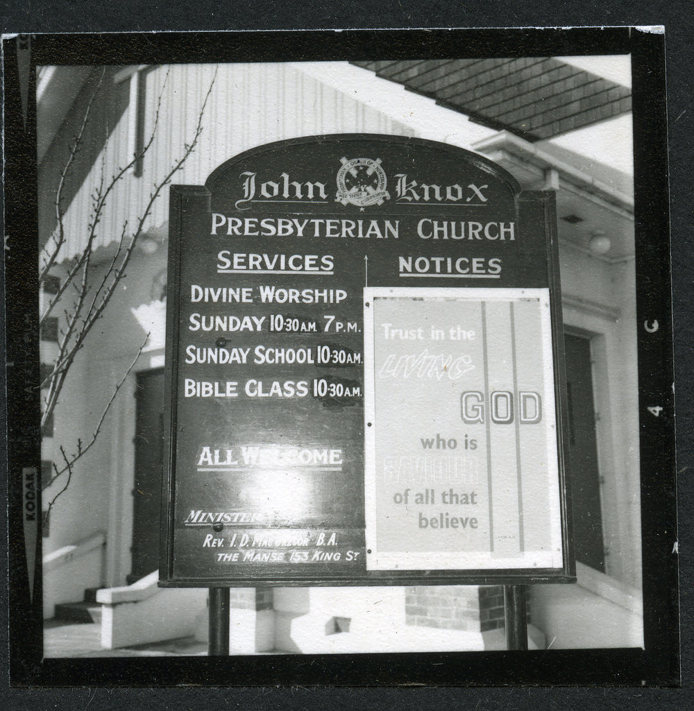 Notice board, John Knox, Rangiora, 1972