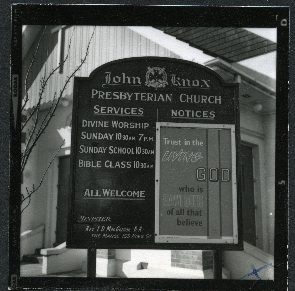 Notice board, John Knox, Rangiora, 1972