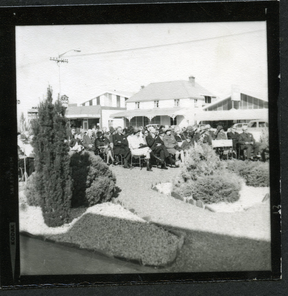 Parishioners seated outside, John Knox, Rangiora, 1972
