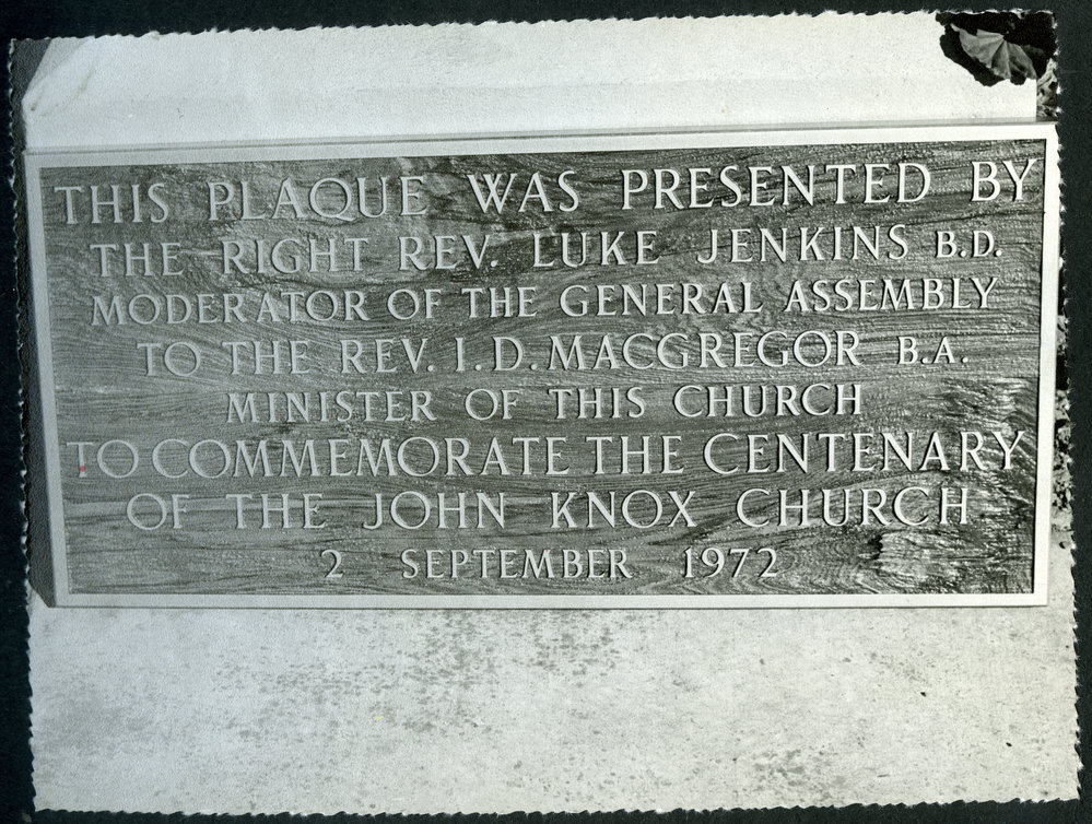 Plaque donated to John Knox Church, Rangiora, by Right Reverend Luke Jenkins, for centenary anniversary 