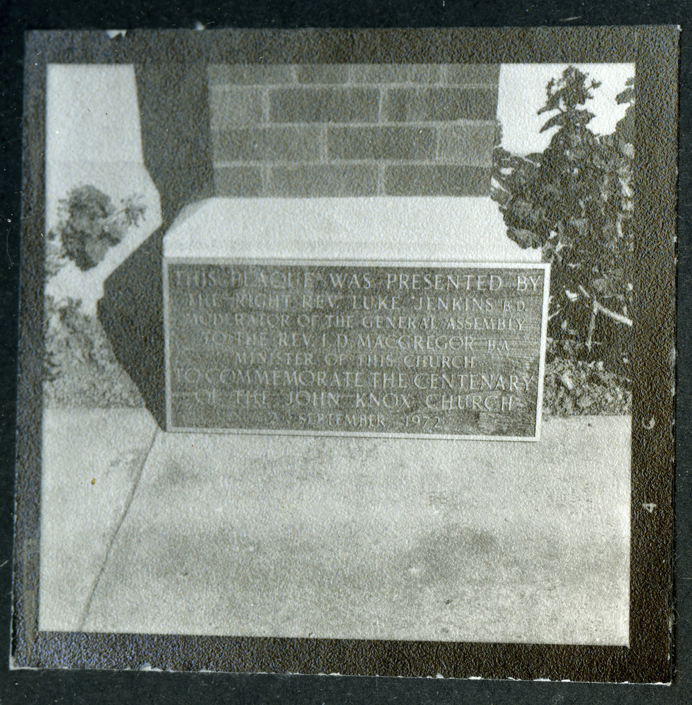 Plaque dedicated to the centenary of John Knox Church, Rangiora, 1972