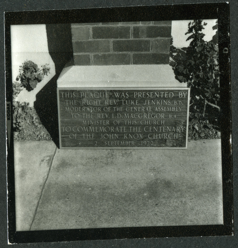Plaque dedicated to the centenary of John Knox Church, Rangiora, 1972