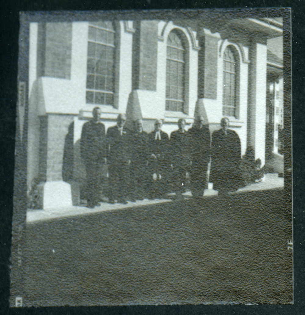 Office-bearers standing outside John Knox Church, Rangiora, 1972