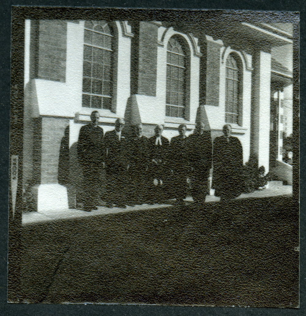 Office-bearers standing outside John Knox Church, Rangiora, 1972
