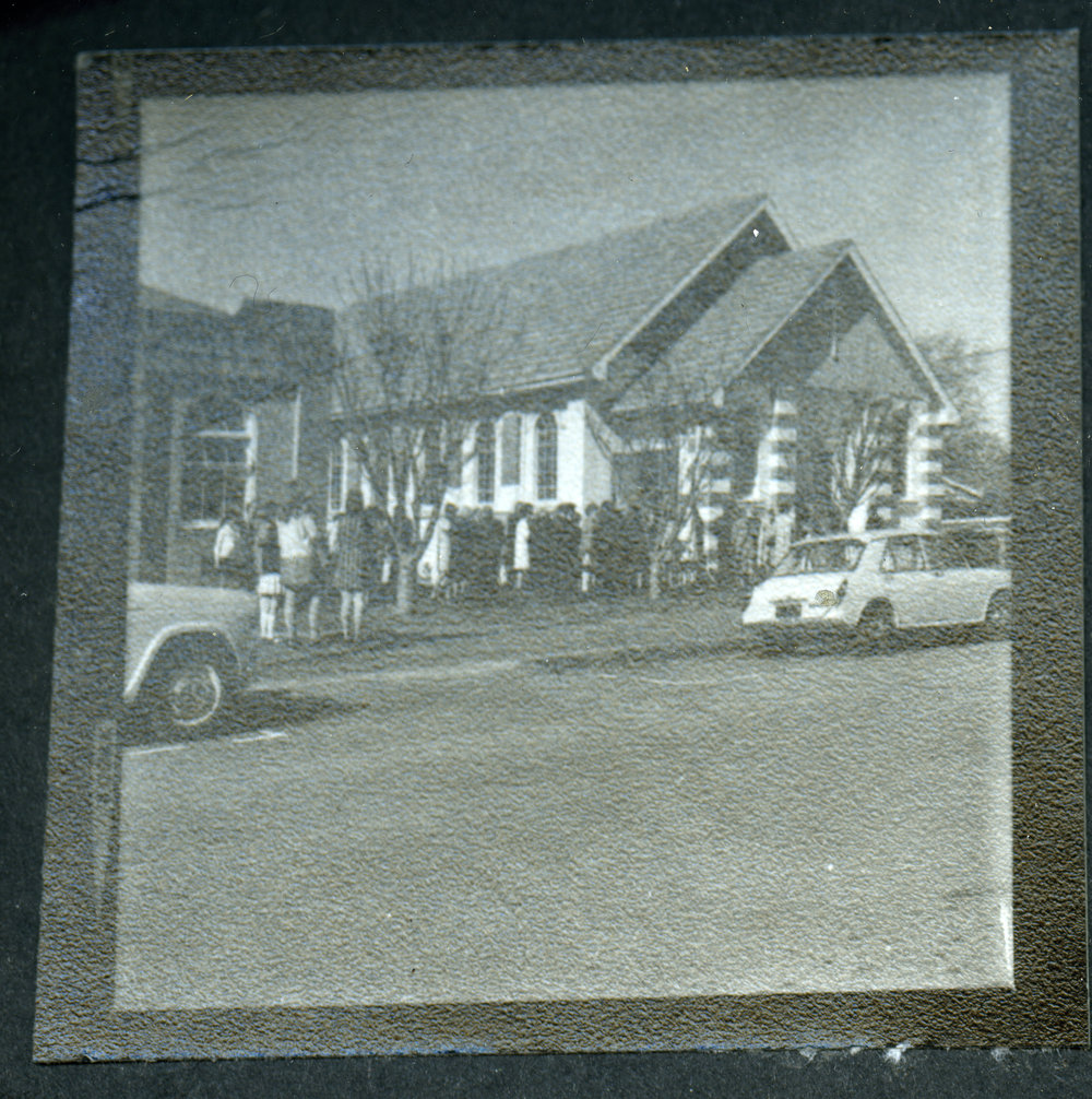 John Knox Church, Rangiora, with parishioners outside, 1972