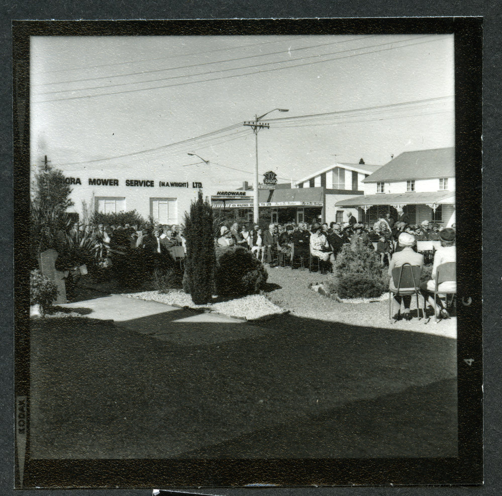 John Knox Church parishioners seated outside during centenary celebrations, 1972