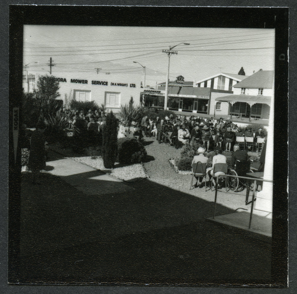 John Knox Church parishioners seated outside during centenary celebrations, 1972