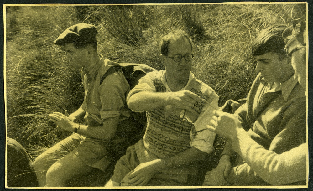 Peter Murray, Dick Anderson and John Newstead play with the tussock 