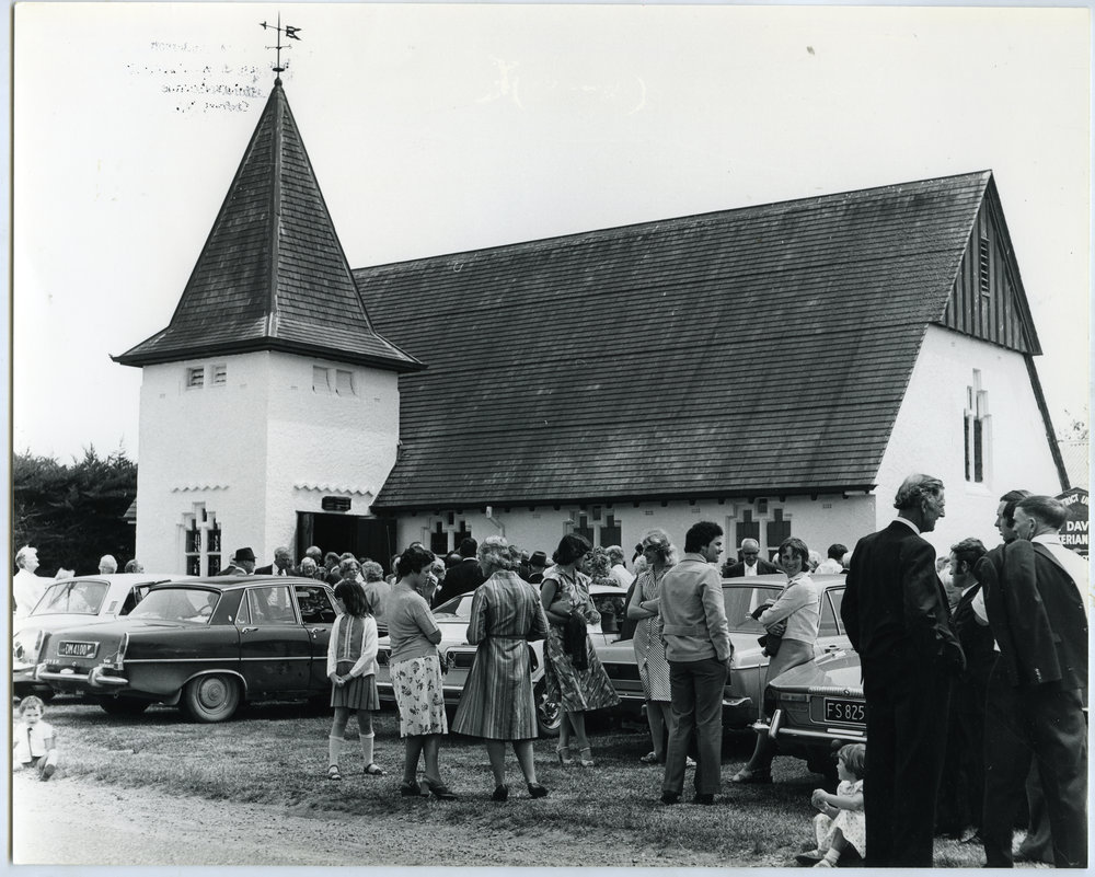 Parishioners outside Cust's Presbyterian Church