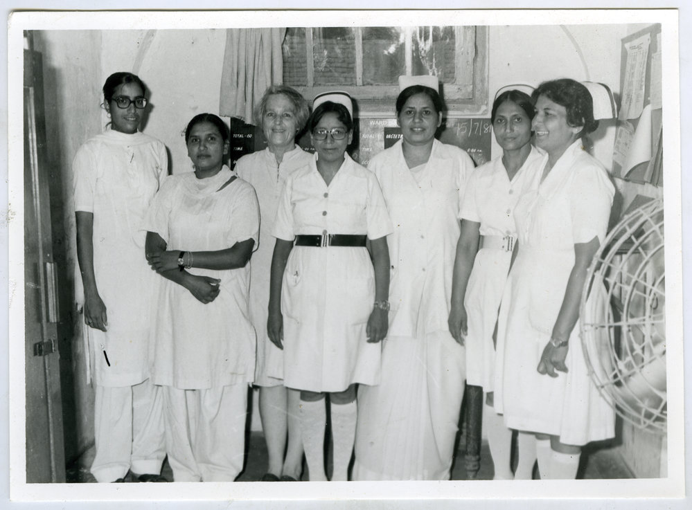 Group photograph of Beryl Howie standing with six nurses, Ludhiana