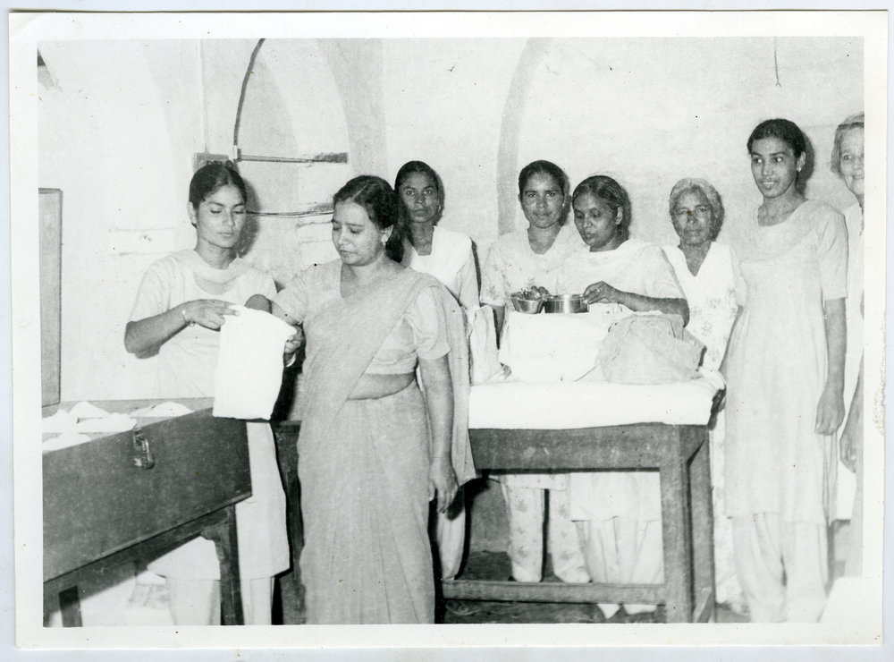 Unidentified Indian nurses are demonstrating medical practices, Ludhiana
