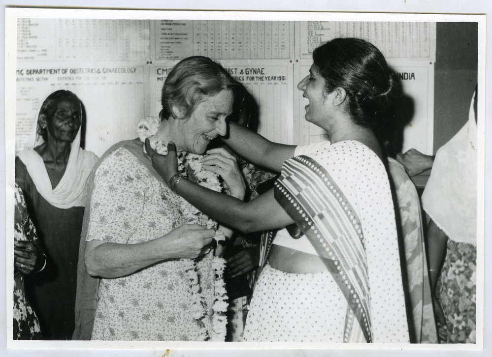 Beryl Howie is presented with a garland at her farewell, Christian Medical College and Hospital, Ludhiana