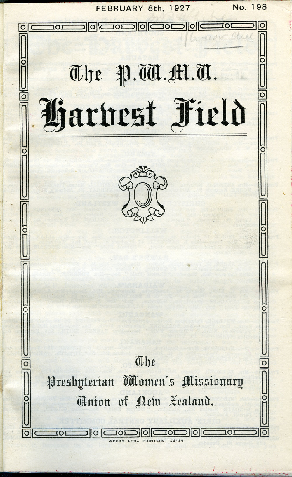 "Harvest Field", The Presbyterian Women's Missionary Union of New Zealand, 1927