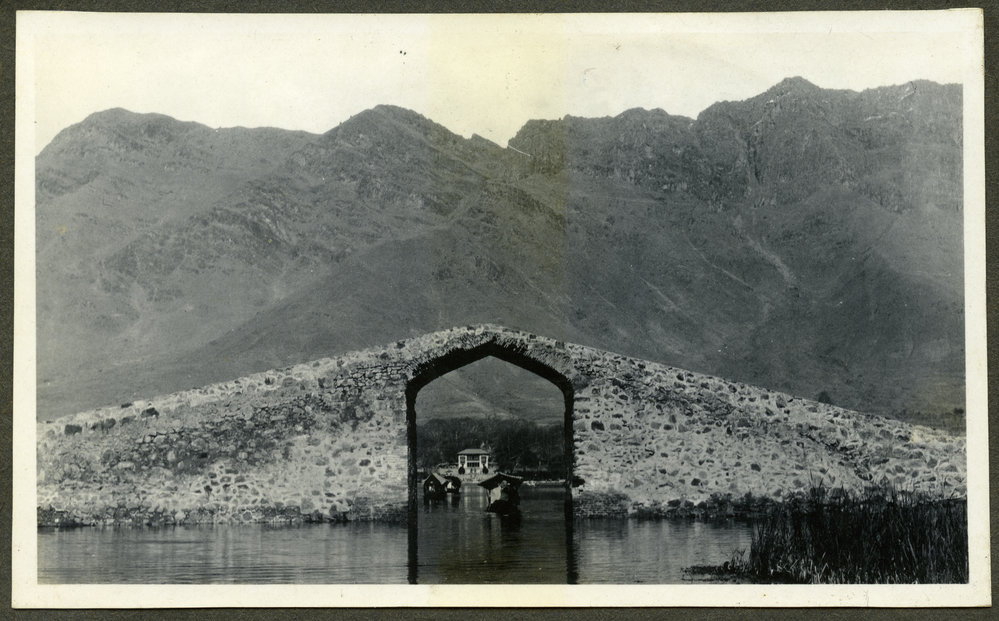 "Dal Lake," and an arched bridge, Srinagar, India