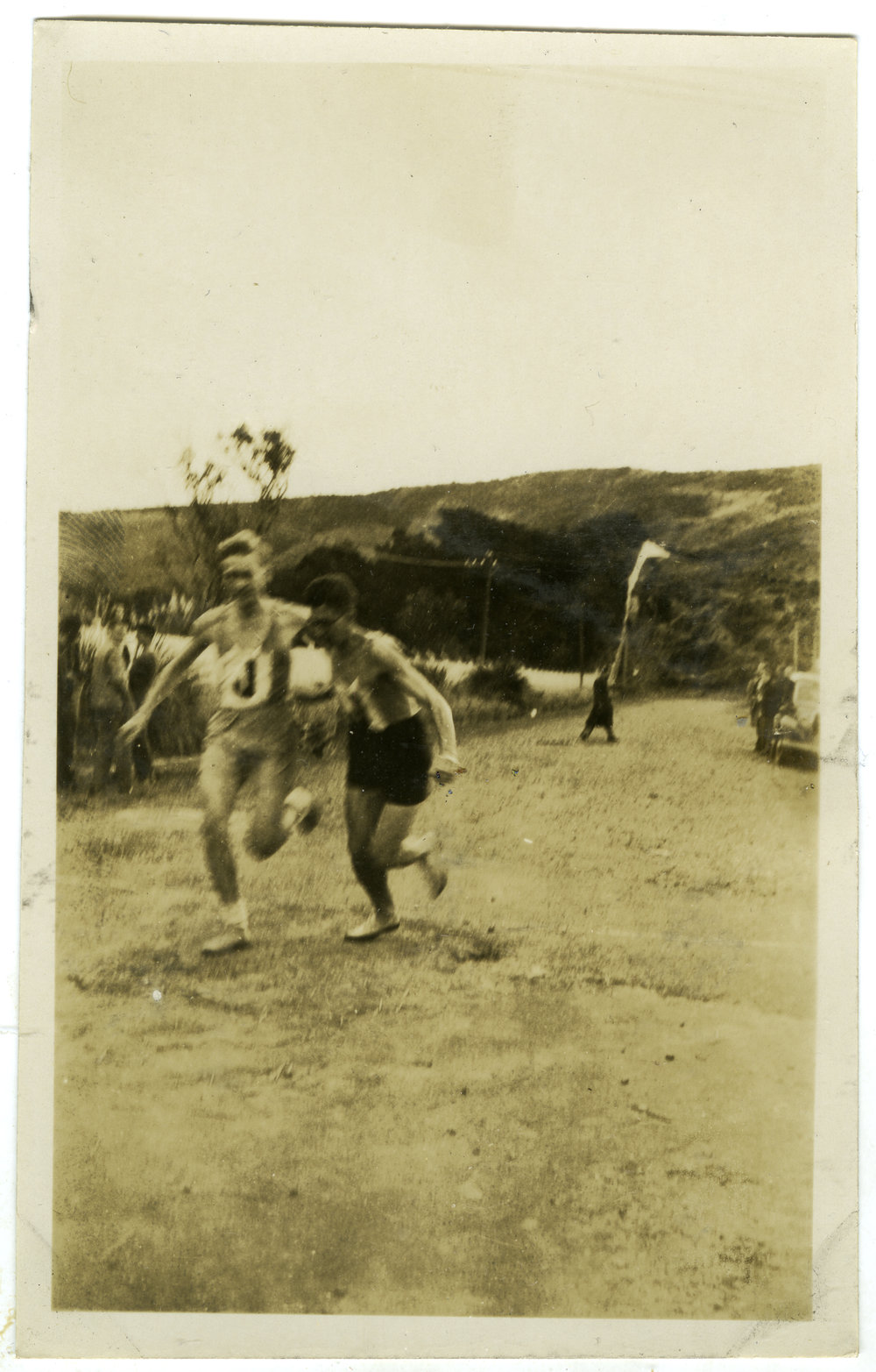 Bob Perks and Bruce Leighton compete in the Shaw Baton Relay, Presbyterian Harrier Club team, 1947