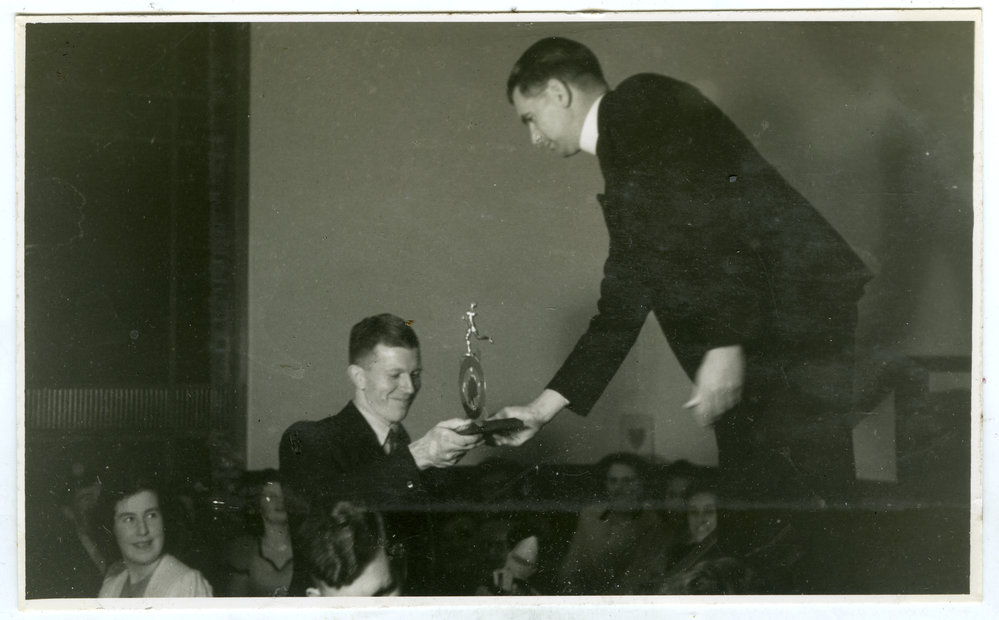 "Norm Jardine receiving Trophy from Reverend D. B. Martin," St. Andrew's Trophy, Dunedin 1948