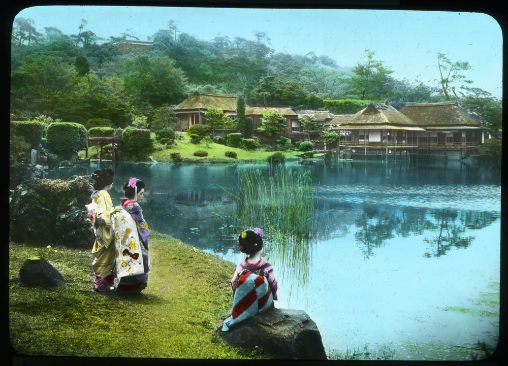"A tea house on the pond of Hikone Garden"
