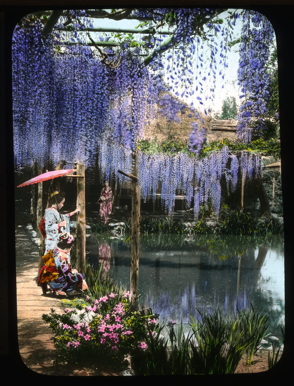 "Wisteria garden and two girls by the pond, Maebashi, Nakasendo"